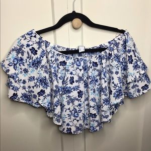 Blue and White Off the Shoulder Crop Top